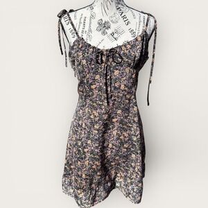 SHEIN Black Floral Tie Shoulder Smocked Mini Dress Large Soft Grunge Fairycore